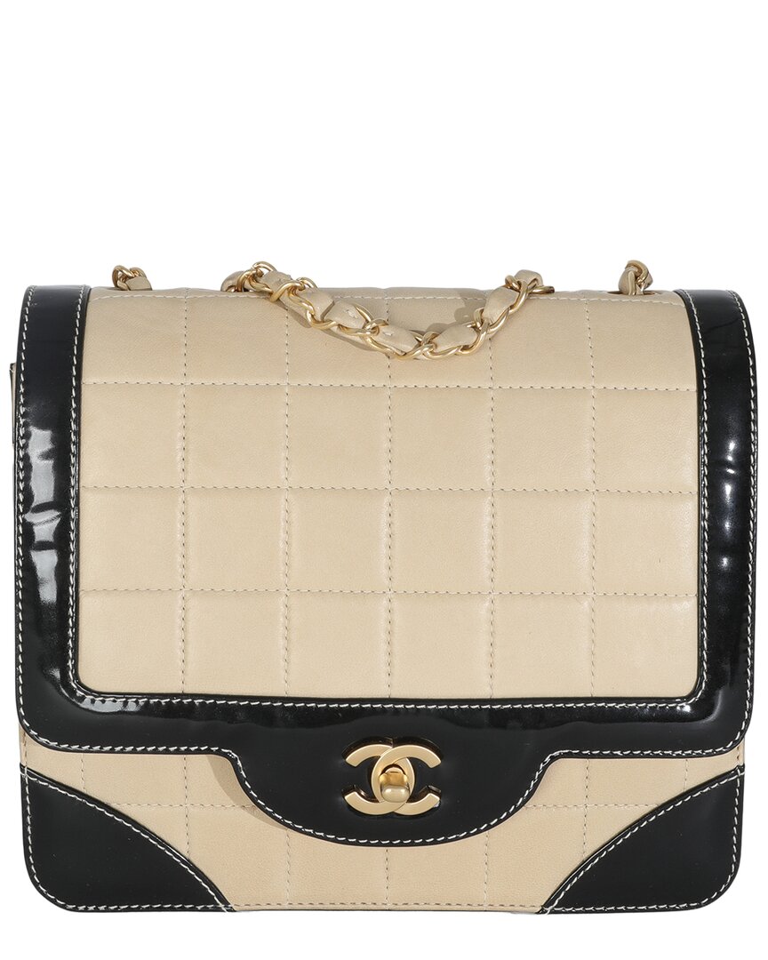 Pre-owned Chanel Beige & Black Patent Leather Square Quilt Frame Flap Bag (authentic Pre-loved)