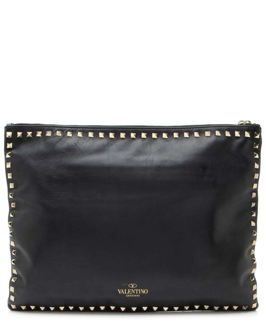 Valentino Garavani Valentino Black Leather Rockstud Oversized Clutch (authentic Pre-loved)
