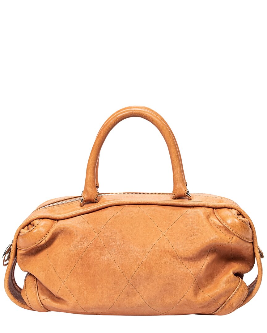 Pre-owned Chanel Tan Quilted Calfskin Leather Cc Charm Boston Bag (authentic Pre-loved)