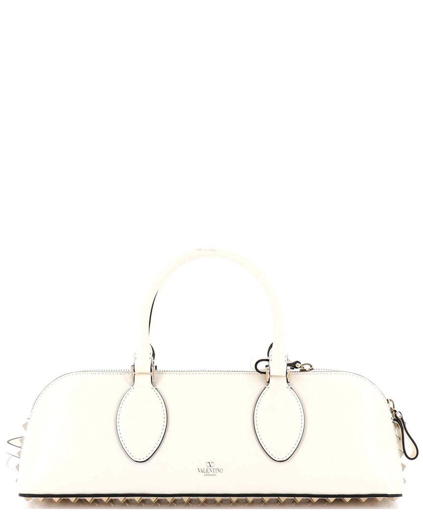 Valentino Garavani Valentino Beige Faux Leather Rockstud Zip-up Top Handle Bag East West  (authentic Pre-loved) In White