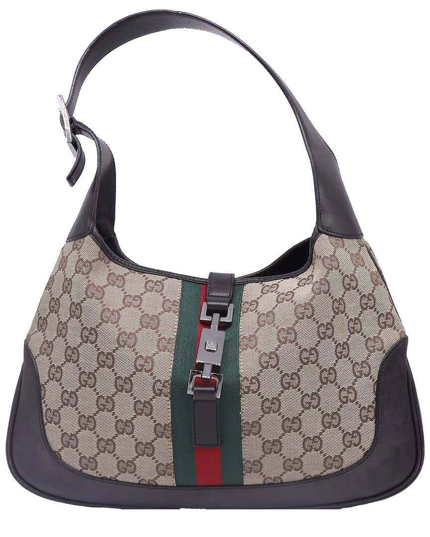 Gucci Beige Leather And Canvas Large Jackie 1961 Monogram Shoulder Bag (authentic Pre-loved)