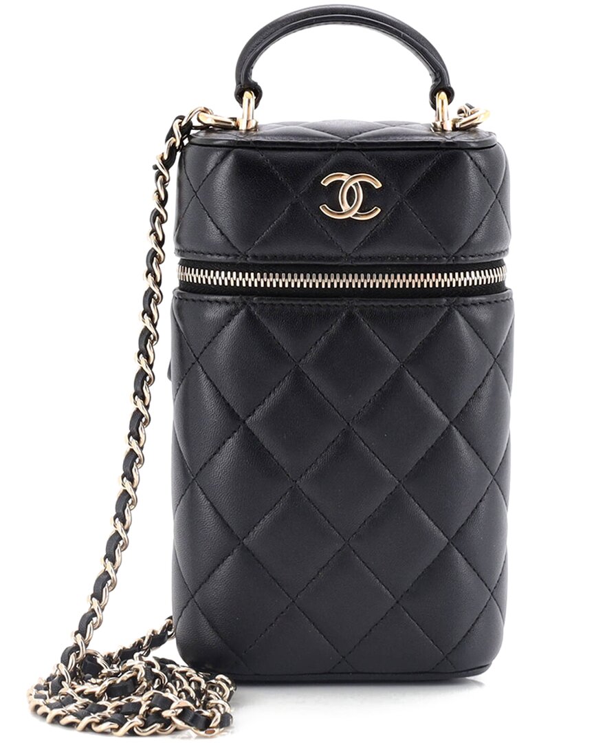 Pre-owned Chanel Black Quilted Lambskin Classic Vanity Top Handle Phone Holder With  Chain (authentic Pre-love