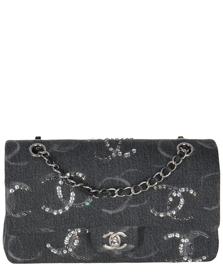 Chanel Black Denim Sequin CC Medium Classic Double Flap Bag (Authentic Pre- Loved)