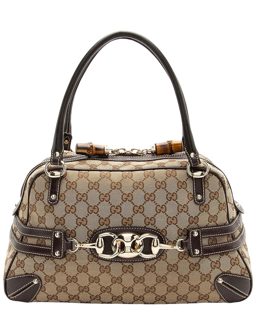 Gucci Beige Gg Canvas Bamboo Horsebit Wave Satchel (authentic Pre-loved) In Brown