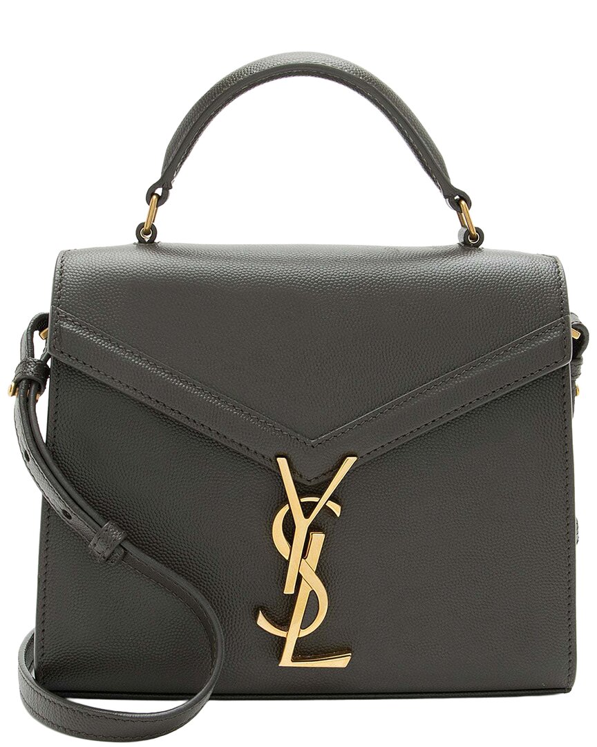 Saint Laurent Grey Grain De Poudre Leather Monogram Cassandra Mini Top Handle