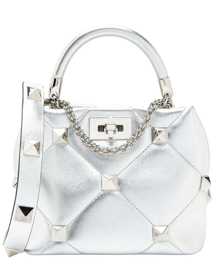 Valentino Garavani Valentino Silver Calfskin Roman Stud The Handle Small Top Handle
