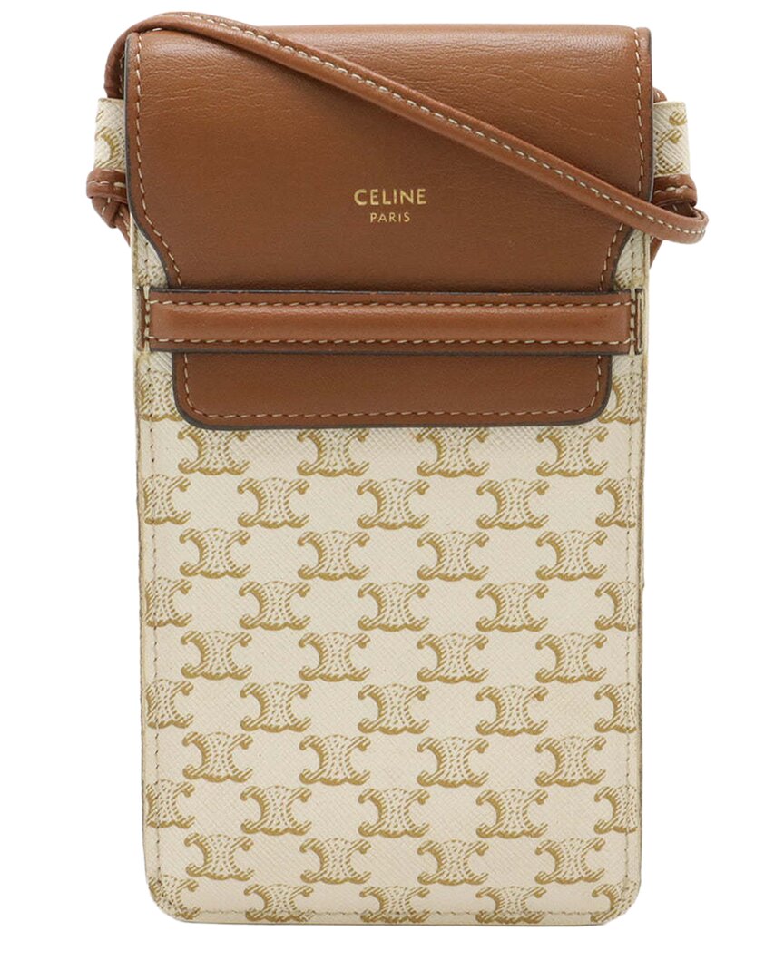 Celine White Coated/waterproof Canvas Triomphe Phone Pouch Crossbody (authentic Pre-loved) In Brown