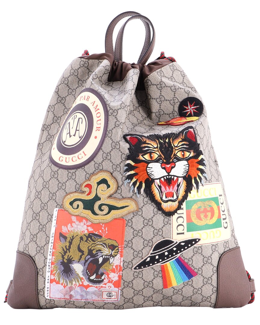 Gucci Courrier Soft Drawstring Backpack Gg Coated Canvas With Applique Medium  (authentic Pre-loved)