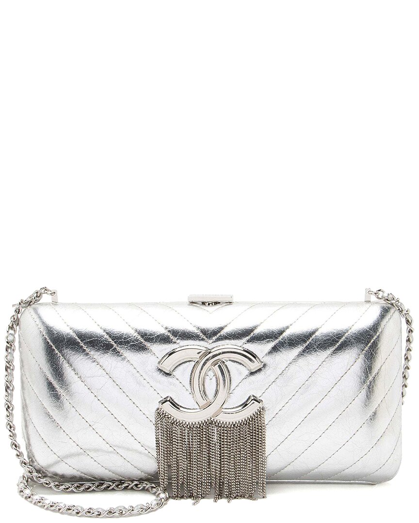 Pre-owned Chanel Silver Lambskin Fringe Clutch (authentic Pre-loved)