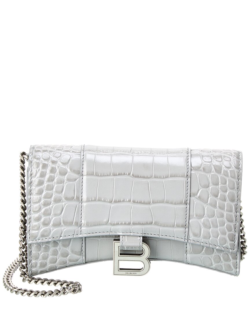 Balenciaga Hourglass Croc-embossed Leather Wallet On Chain In Grey
