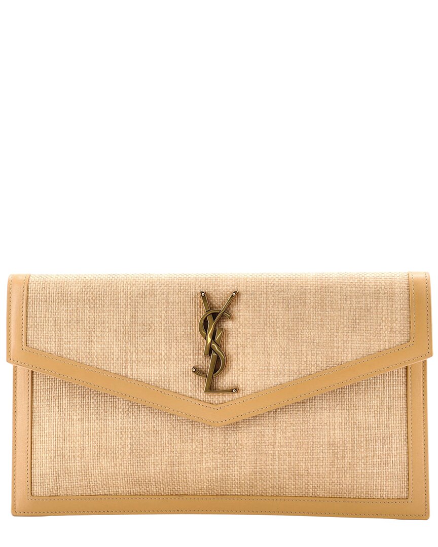 Saint Laurent Uptown Pouch Raffia (authentic Pre-loved) In Nude
