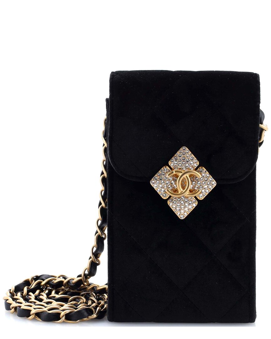 CHANEL Pre-owned Black Quilted Velvet Diamond Lock Cc Phone Holder With Chain With Crystals (authentic Pre-lo