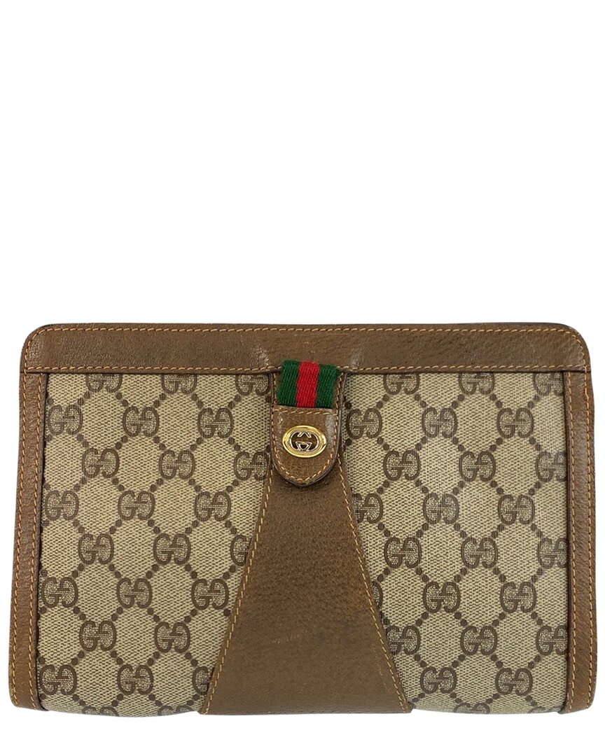 Gucci Brown Gg Supreme Canvas & Leather Clutch (authentic Pre-loved)