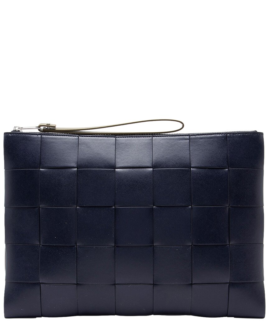 Pre-owned Bottega Veneta Blue Maxi Intrecciato Leather Cassette Flat Pouch (authentic  Pre-loved)