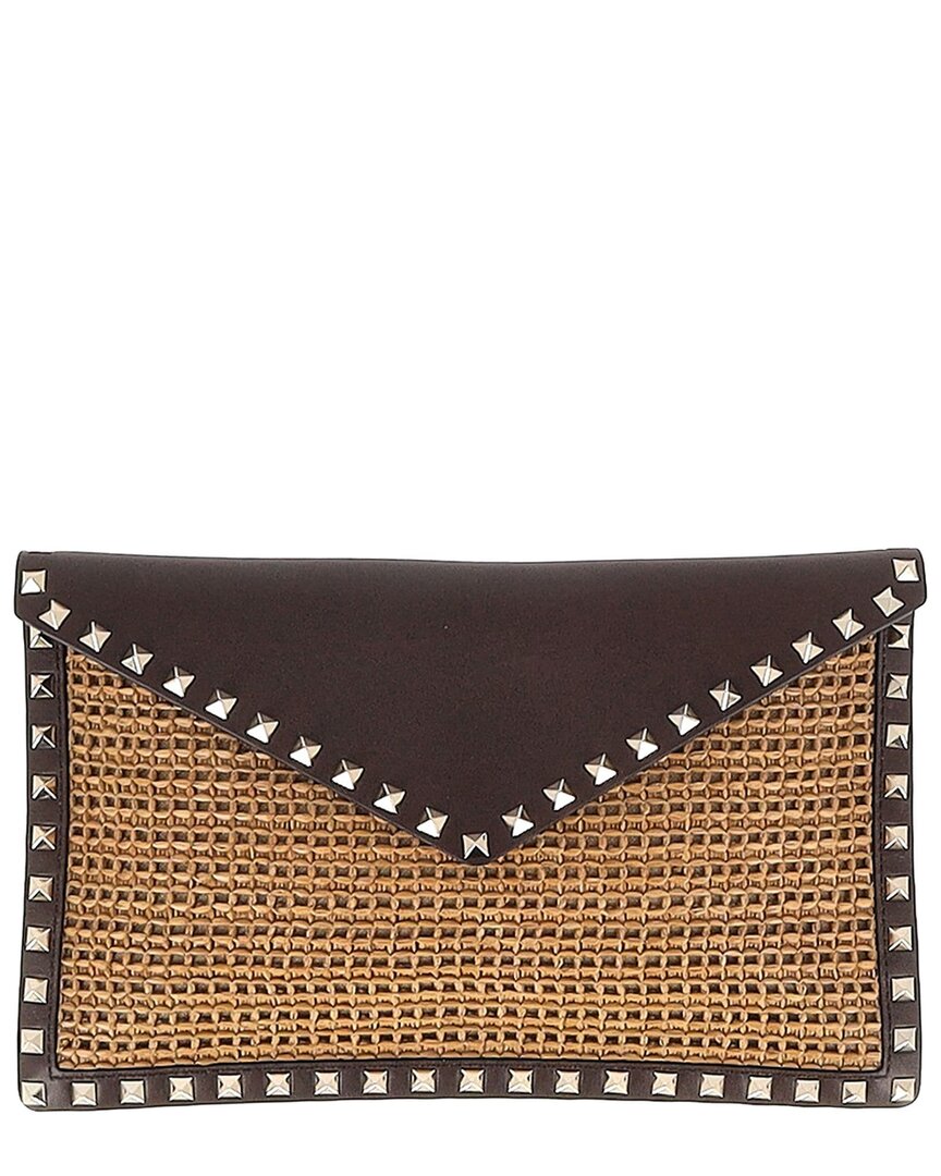Valentino Garavani Valentino Brown Raffia Large Rockstud Clutch (authentic Pre-loved)