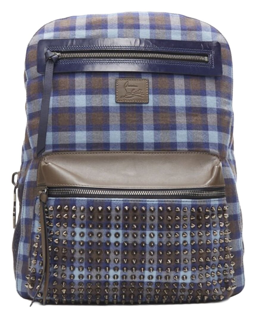 Pre-owned Christian Louboutin Blue Cotton Checked Stud Backpack (authentic Pre-loved)