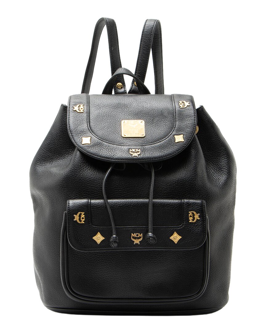 Pre-owned Mcm Black Leather Logo Charms Drawstring Backpack (authentic Pre-loved)