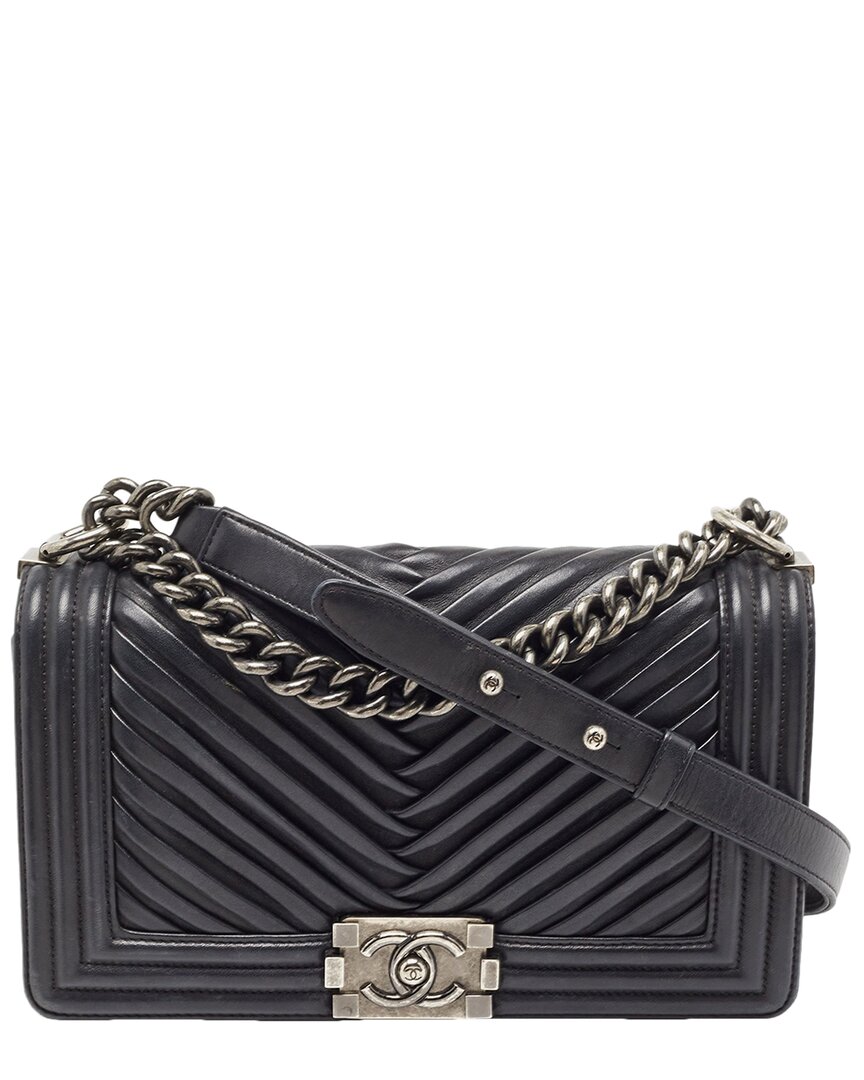 Pre-owned Chanel Black Leather Chevron Pleated Medium Boy Double Flap Bag (authentic )