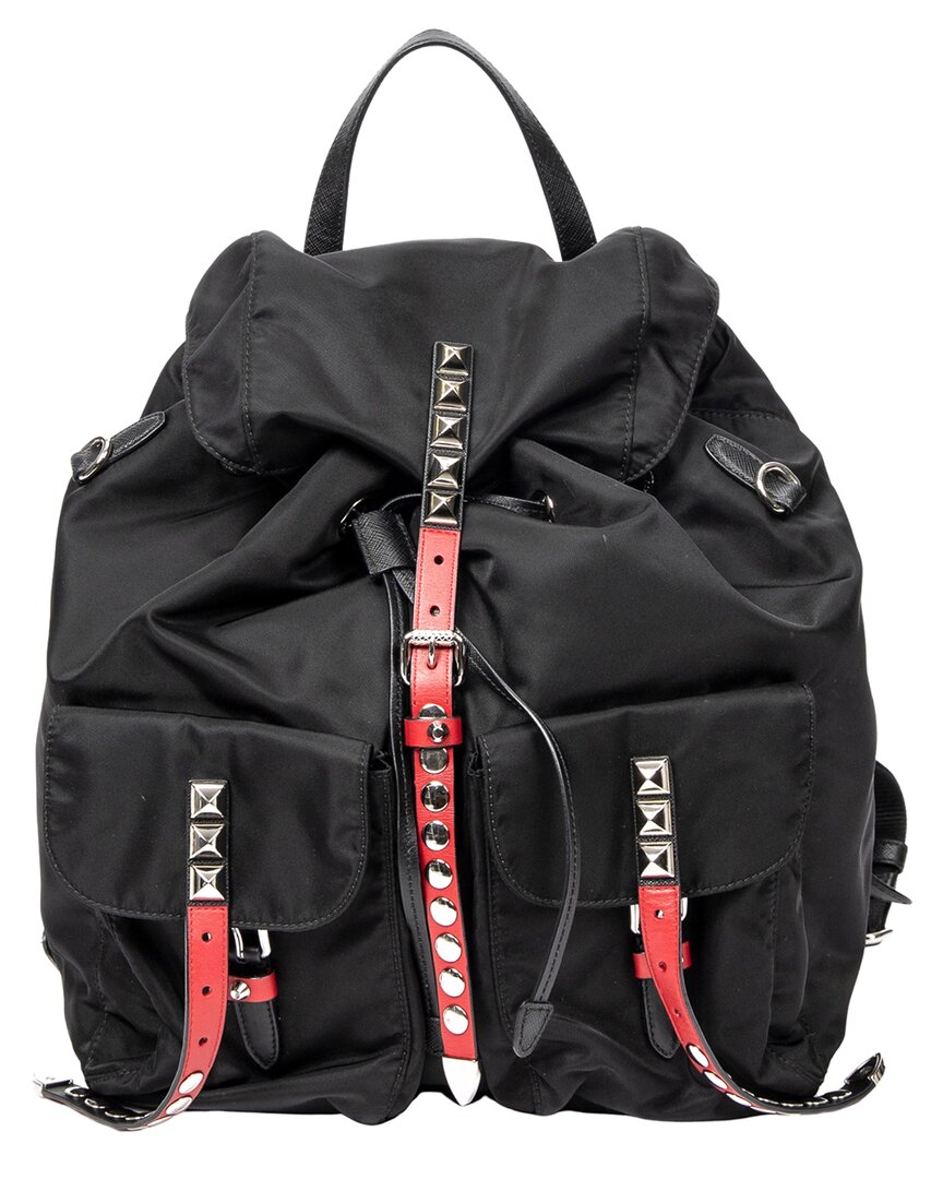Prada Black & Red Studded Nylon Canvas Studded Drawstring Backpack