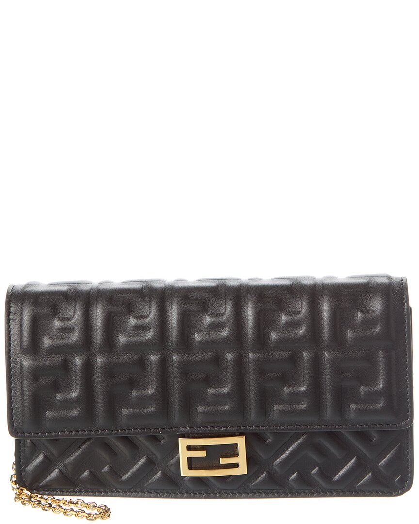 Shop Fendi Baguette Ff Leather Wallet On Chain In Black