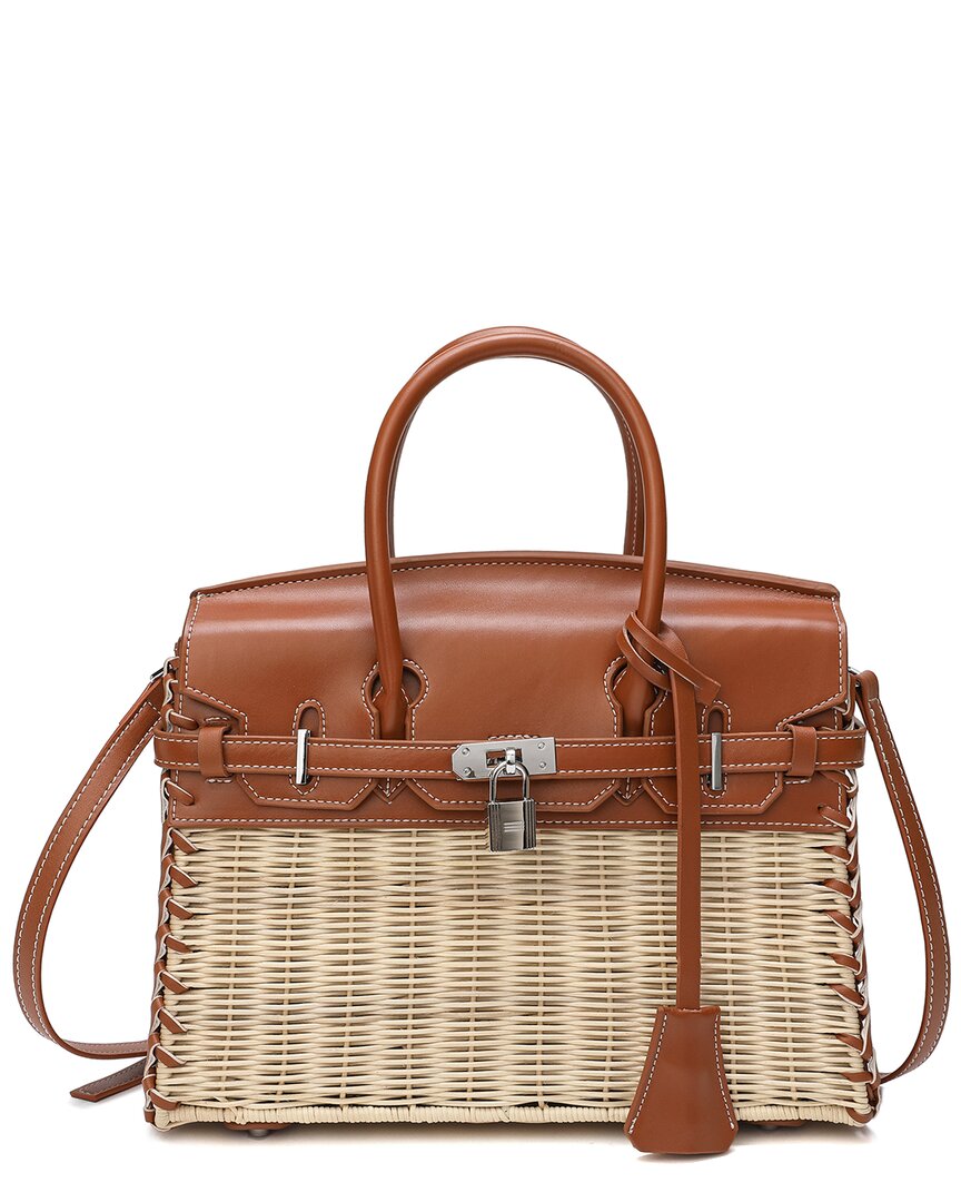 TIFFANY & FRED PARIS TIFFANY & FRED PARIS SMOOTH LEATHER & STRAW TOP HANDLE SATCHEL