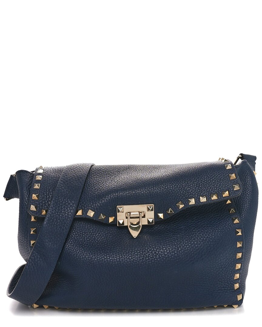 Valentino Garavani Valentino Marine Pebbled Calfskin Leather Rockstud Flip Lock Flap Messenger  (authentic Pre-loved)