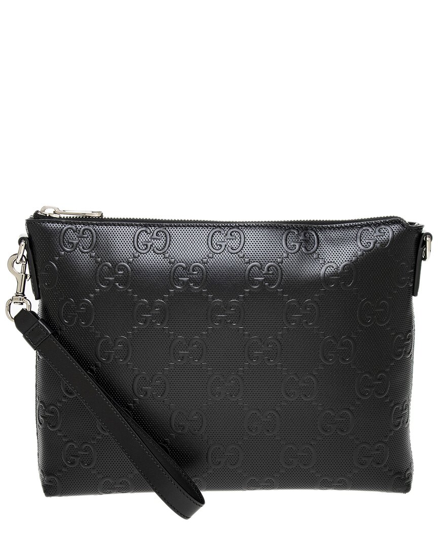 Shop Gucci Gg Embossed Medium Canvas & Leather Messenger Bag In Black