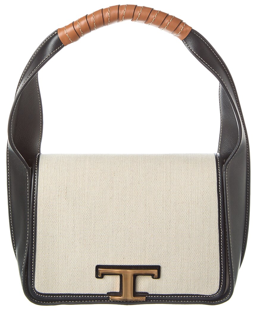 Tod's T Logo Canvas & Leather Shoulder Bag In White