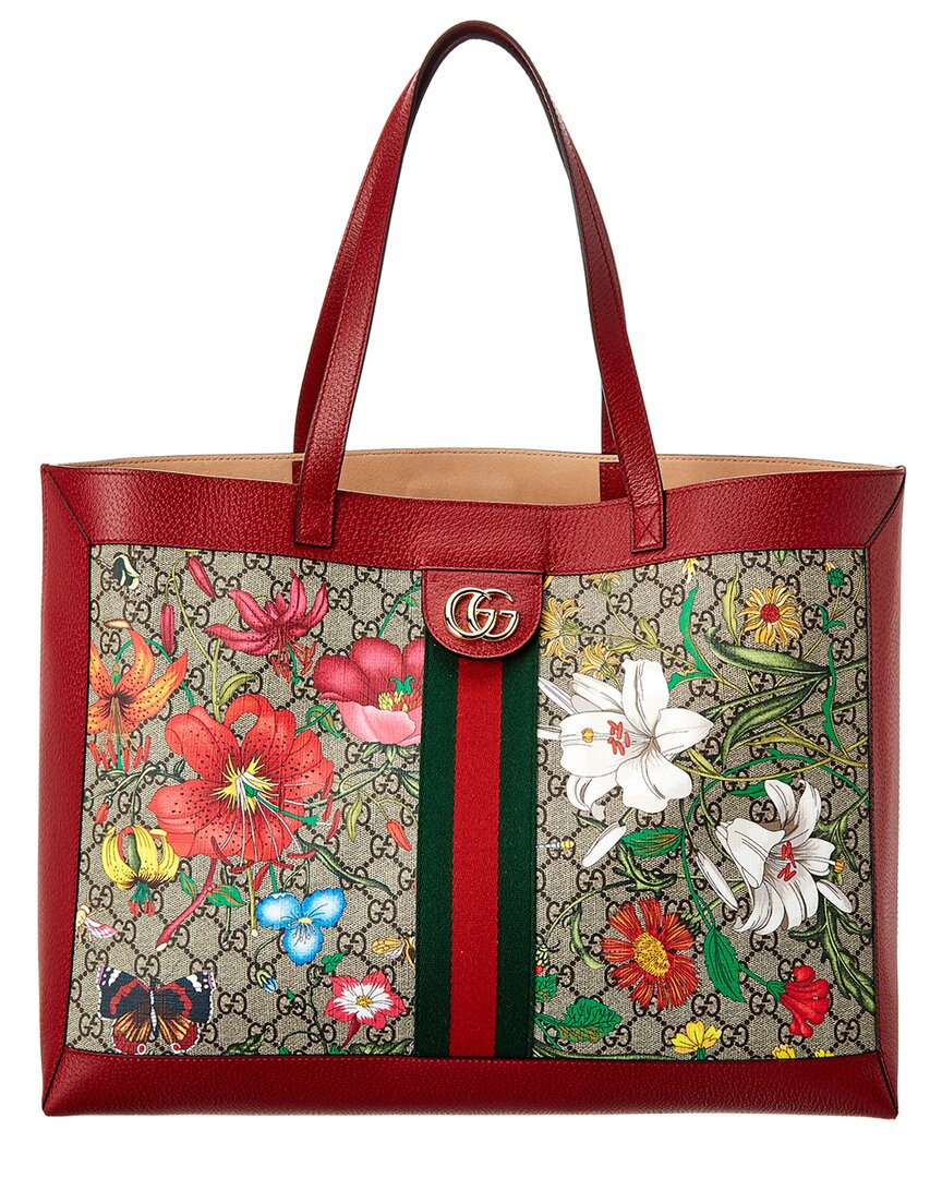 Gucci Ophidia Medium Gg Flora Canvas & Leather Tote In Beige