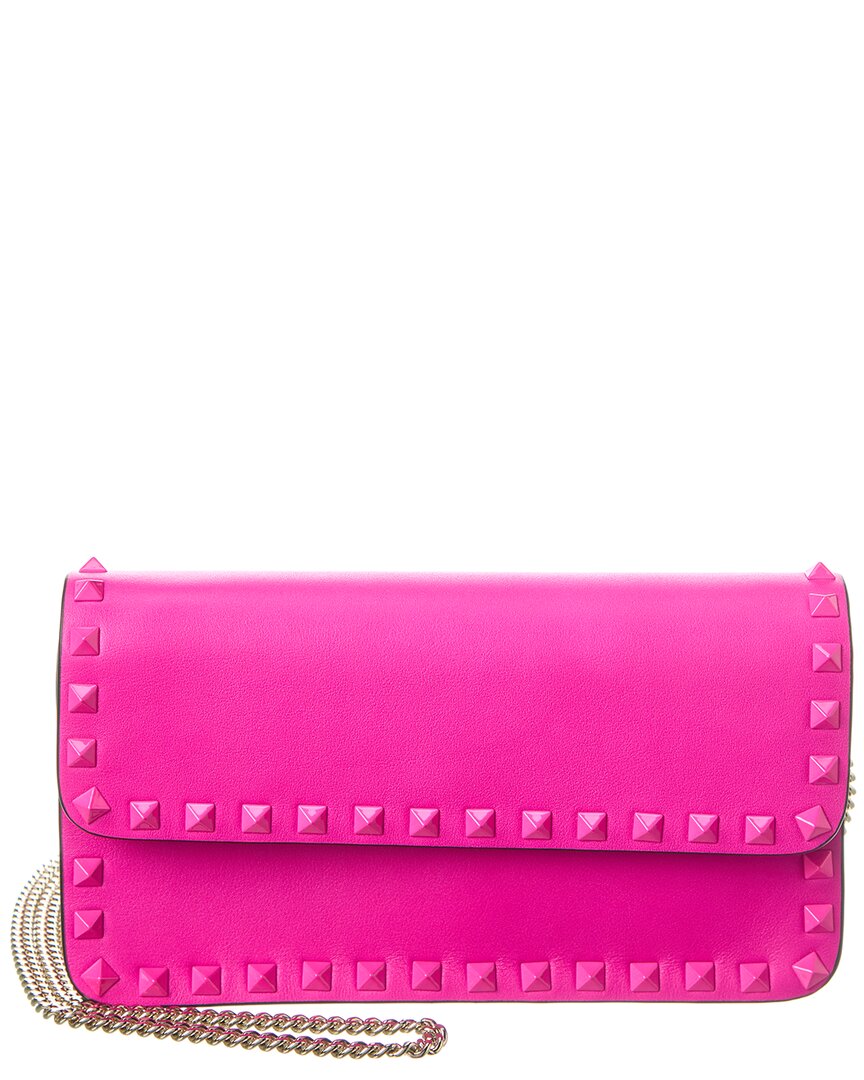 Shop Valentino Rockstud Leather Wallet On Chain In Pink