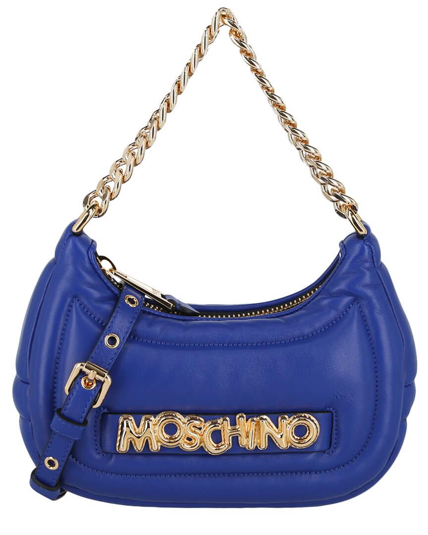 Moschino Logo Chain-linked Leather Shoulder Bag In Blue