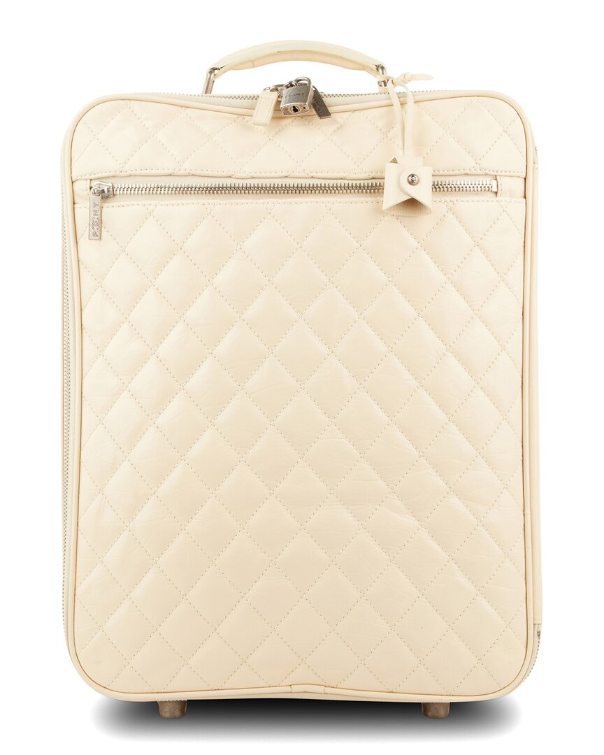 Pre-owned Chanel White Leather Paris Nyc Rolling Luggage (authentic )