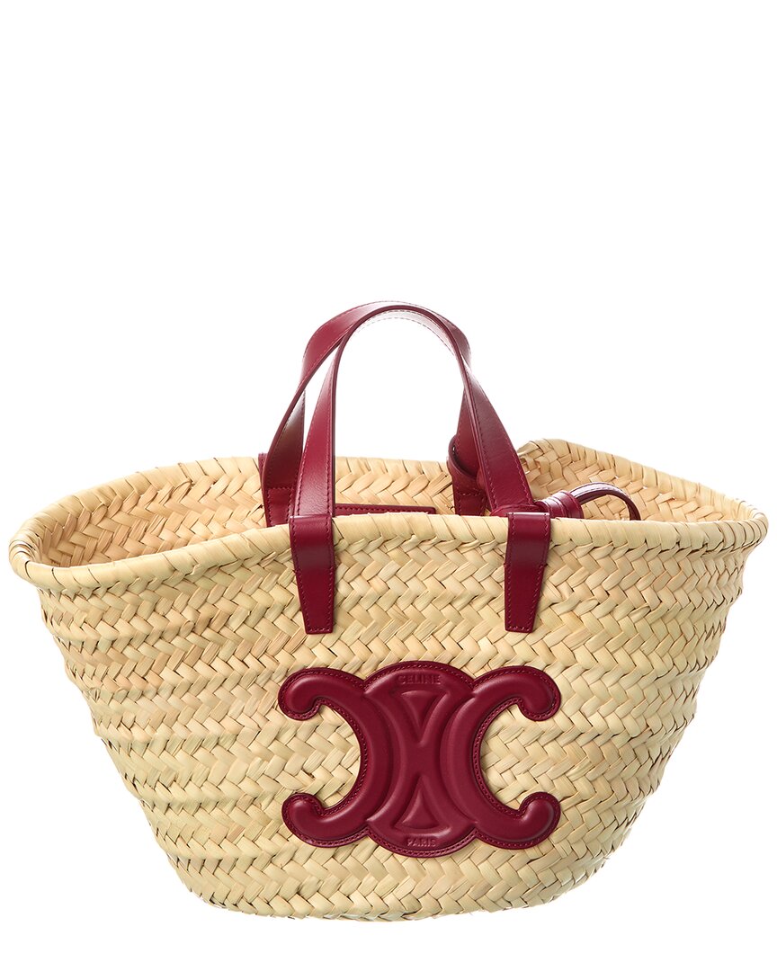 Celine Teen Triomphe Straw & Leather Tote In Red