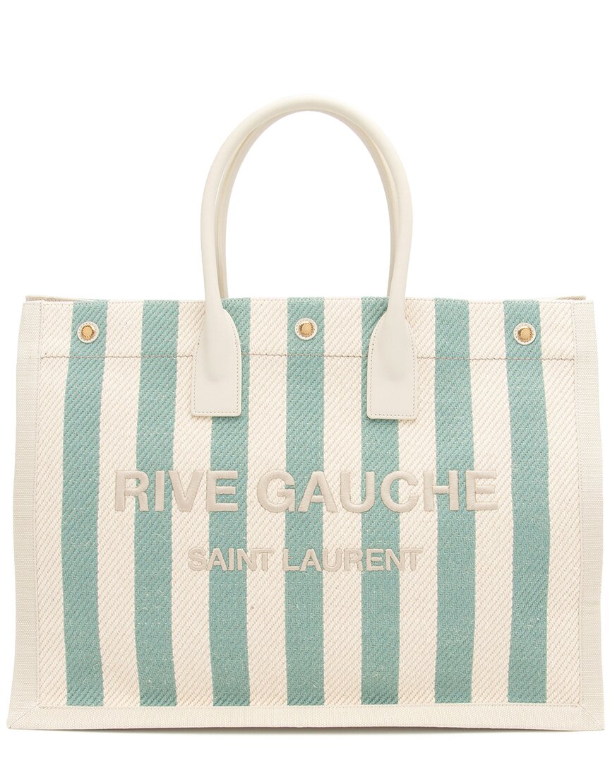 Saint Laurent Beige & Blue Canvas Striped Rive Gauche Large Tote (authentic )