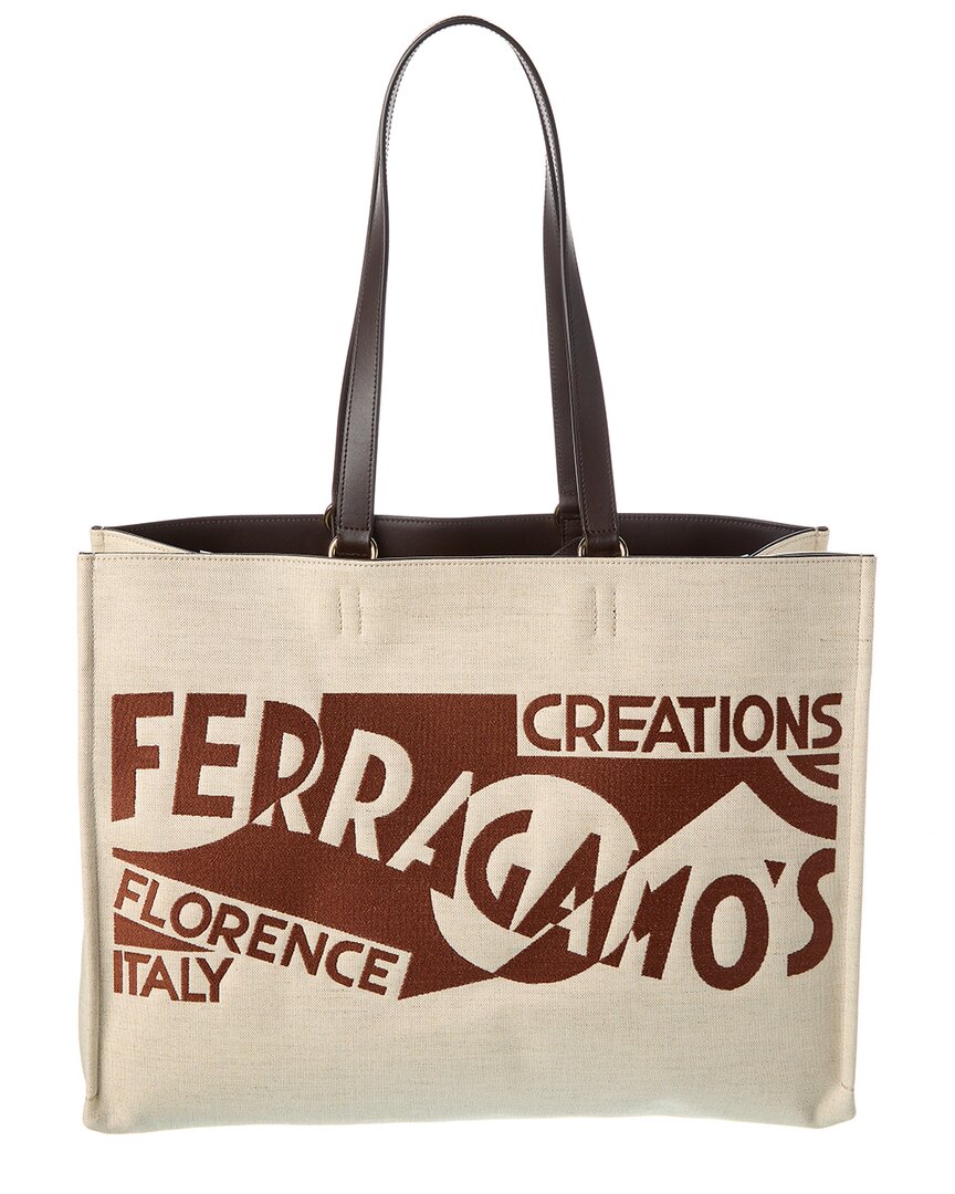 Ferragamo Sand Canvas Shopping Bag In Beige