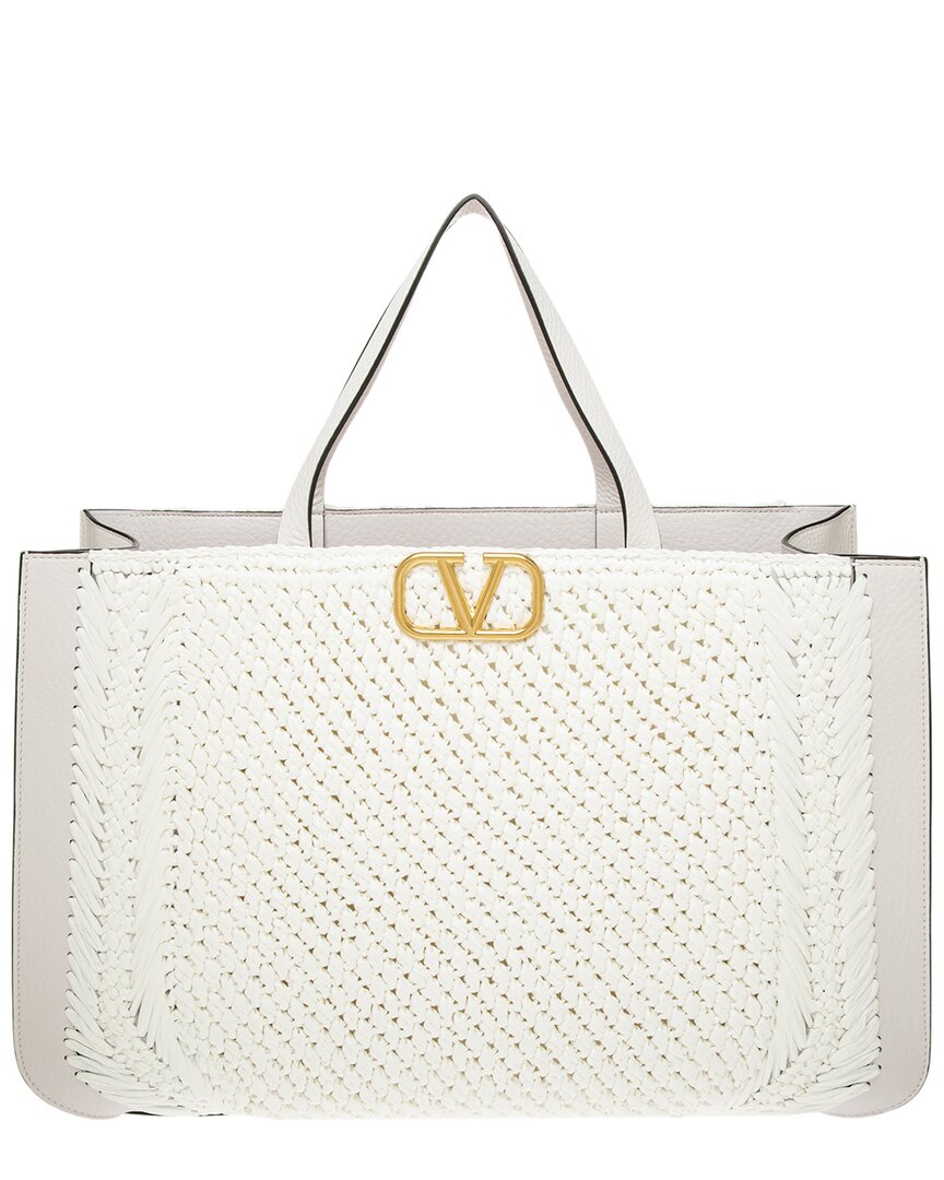 Valentino Garavani Valentino Vlogo Signature Raffia & Leather Tote In White