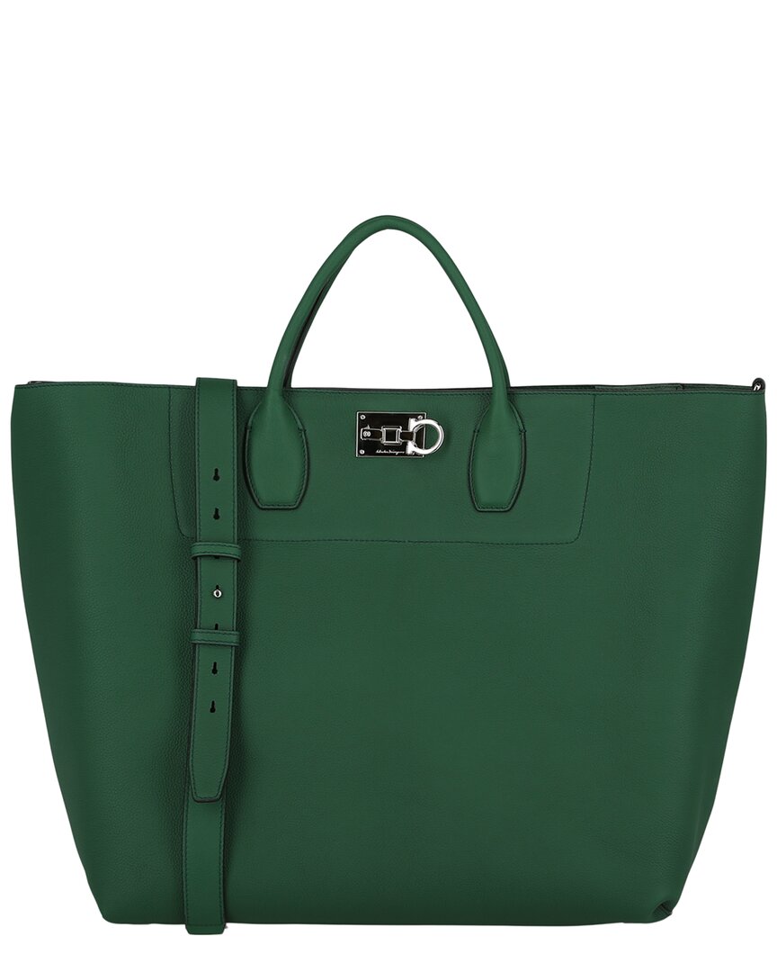 Ferragamo The Studio Large Leather Tote In Green