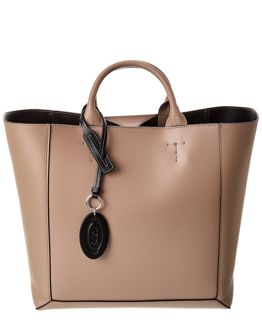 Tod's Logo Double Up Medium Leather Tote In Beige