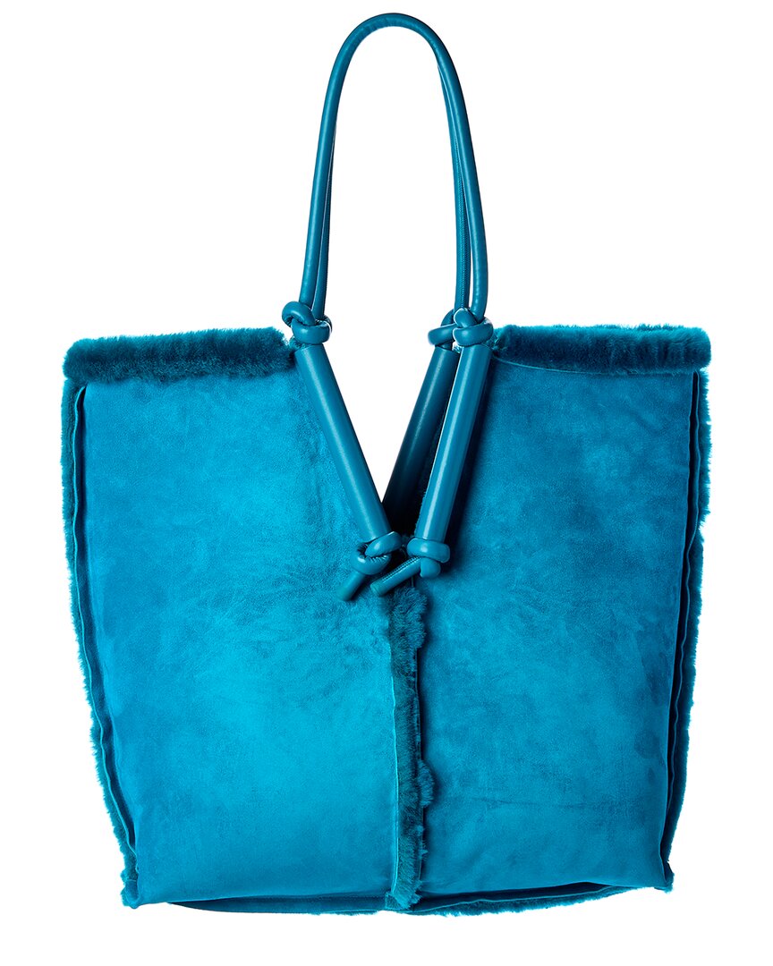 Bottega Veneta Teal Green Shearling Bolster Shoulder Bag In Blue
