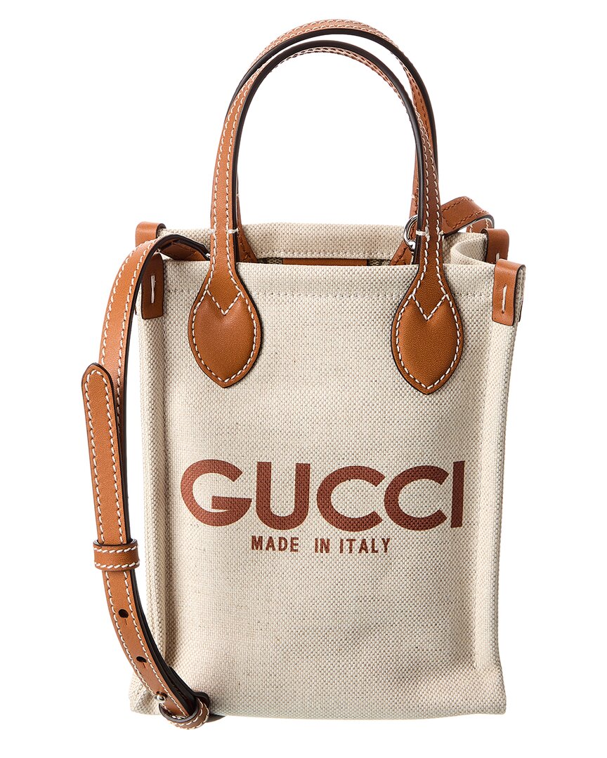 Gucci Logo Mini Canvas & Leather Tote In Beige