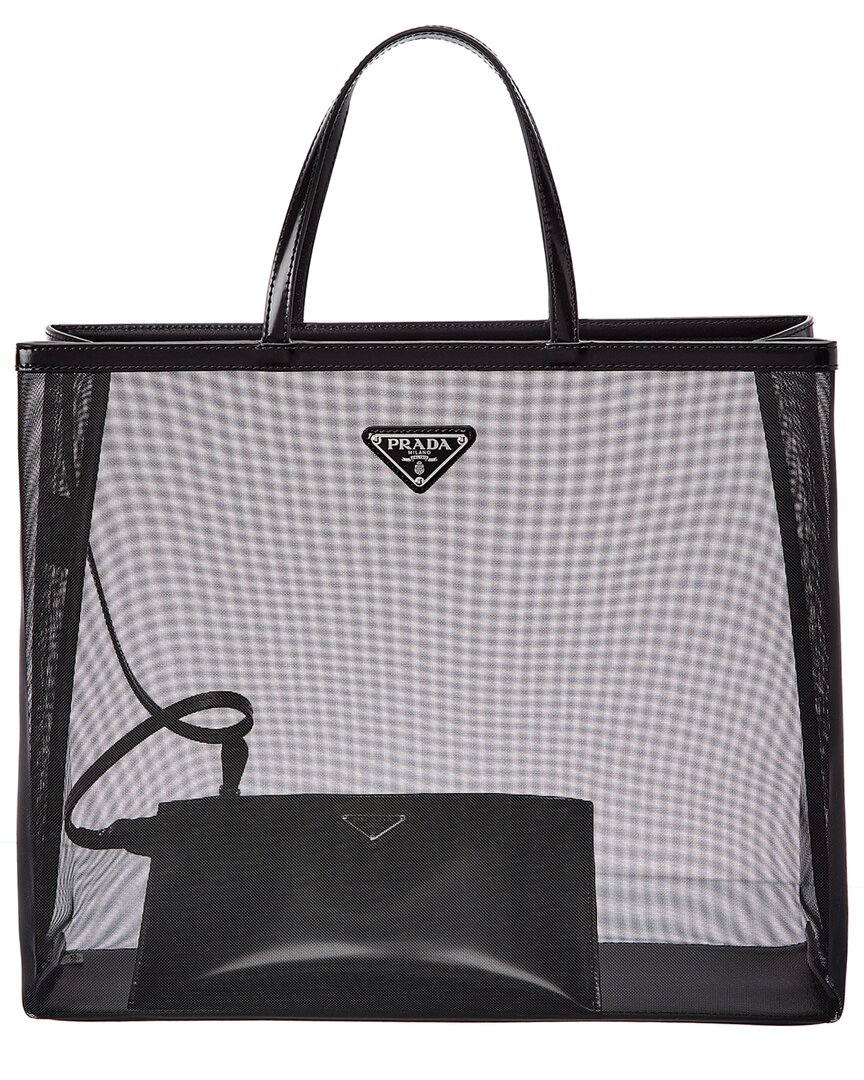 Large Leather Trimmed Mesh Tote in Black - Prada