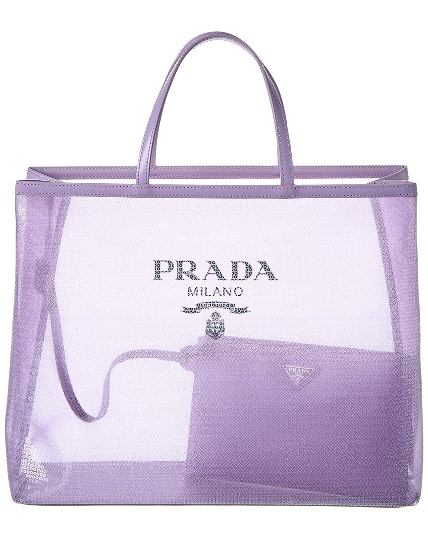 Prada Logo Open Tote Sequined Mesh Small Purple 2242072