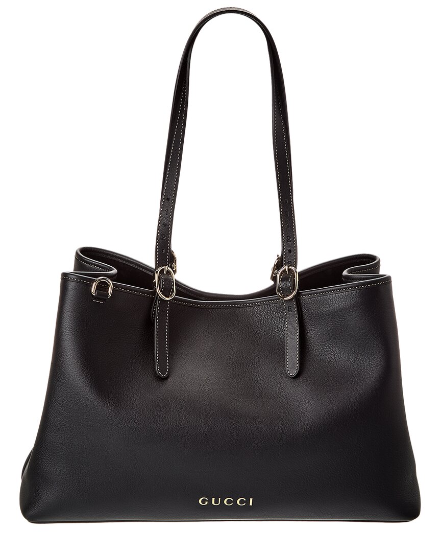 Gucci Gg Emblem Large Leather Tote In Black