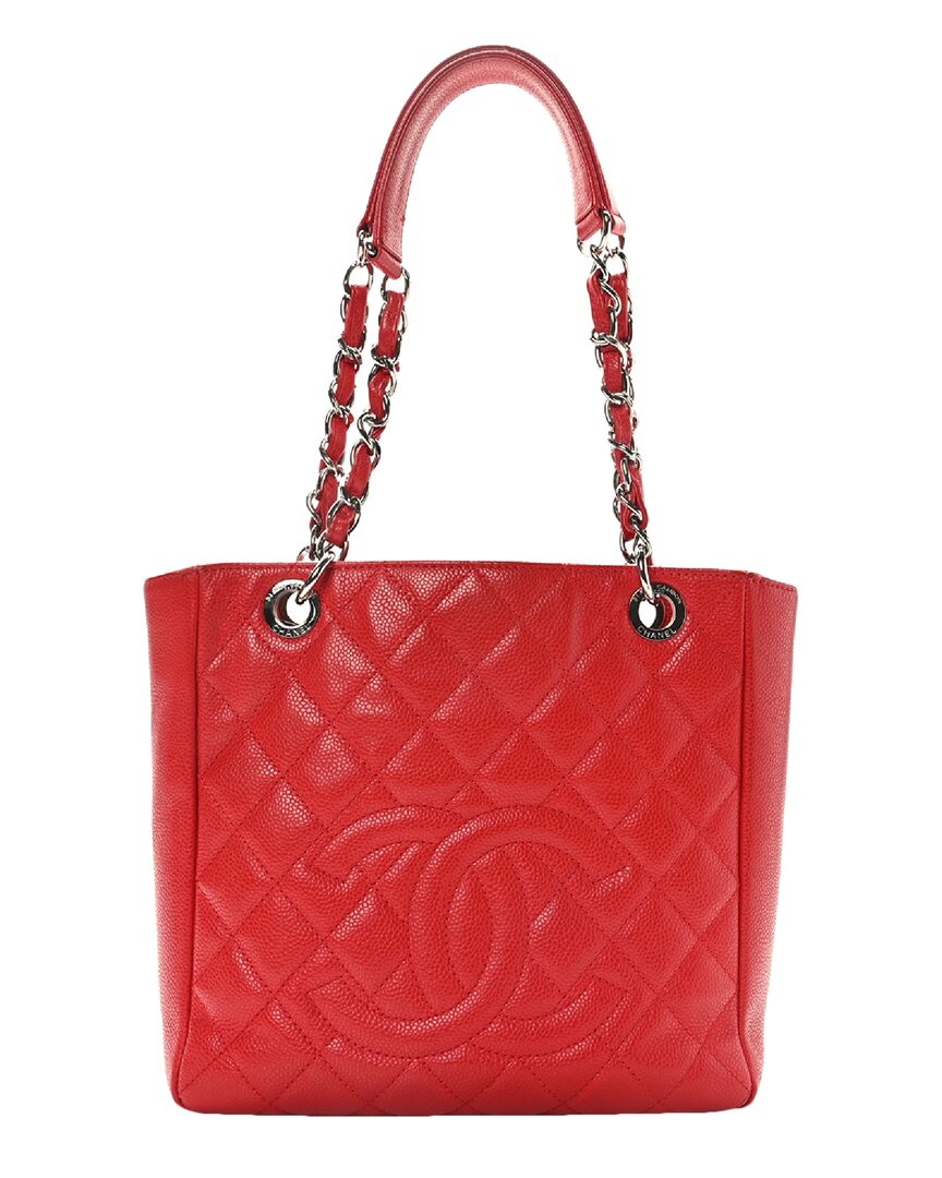 Pre-owned Chanel Red Caviar Leather Quilted Petit Shopping Tote Pst (authentic Pre- Loved)