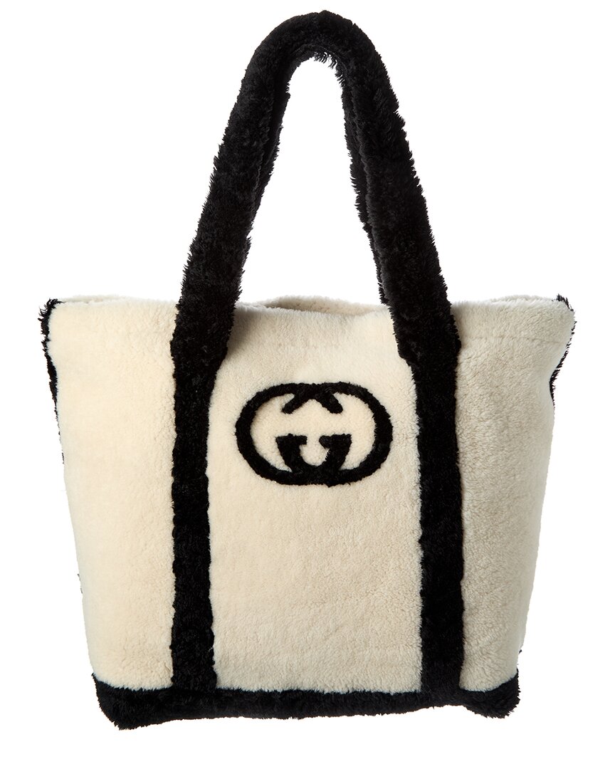Gucci Interlocking G Large Shearling Tote In White