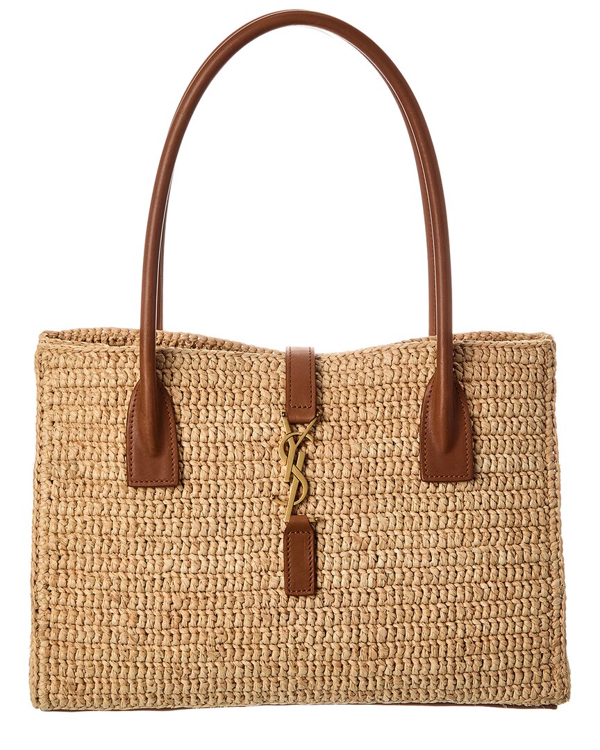 Saint Laurent Panier Raffia & Leather Tote In Brown