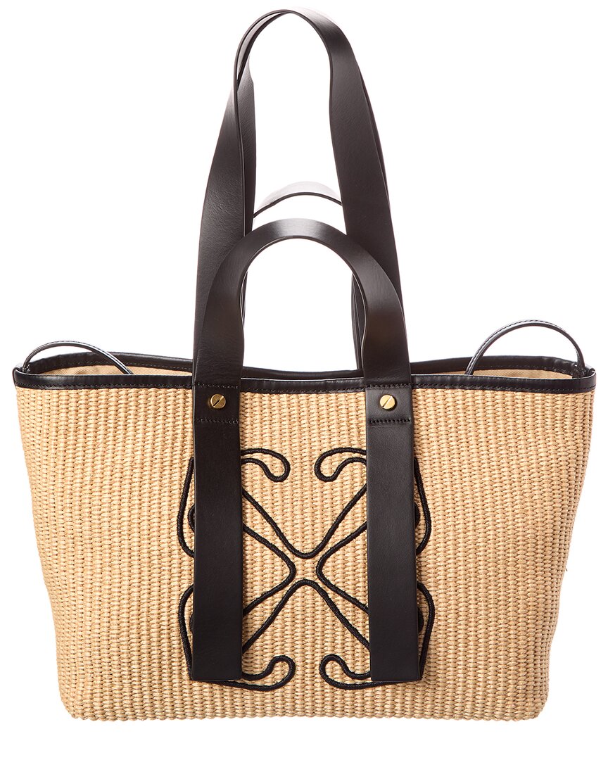 Off-white ™ Day Off Small Raffia & Leather Tote In Brown