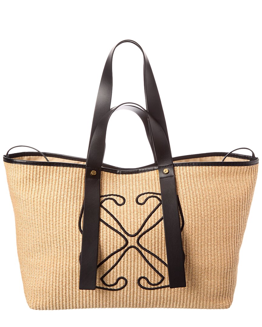 Off-white ™ Day Off Medium Raffia & Leather Tote In Brown