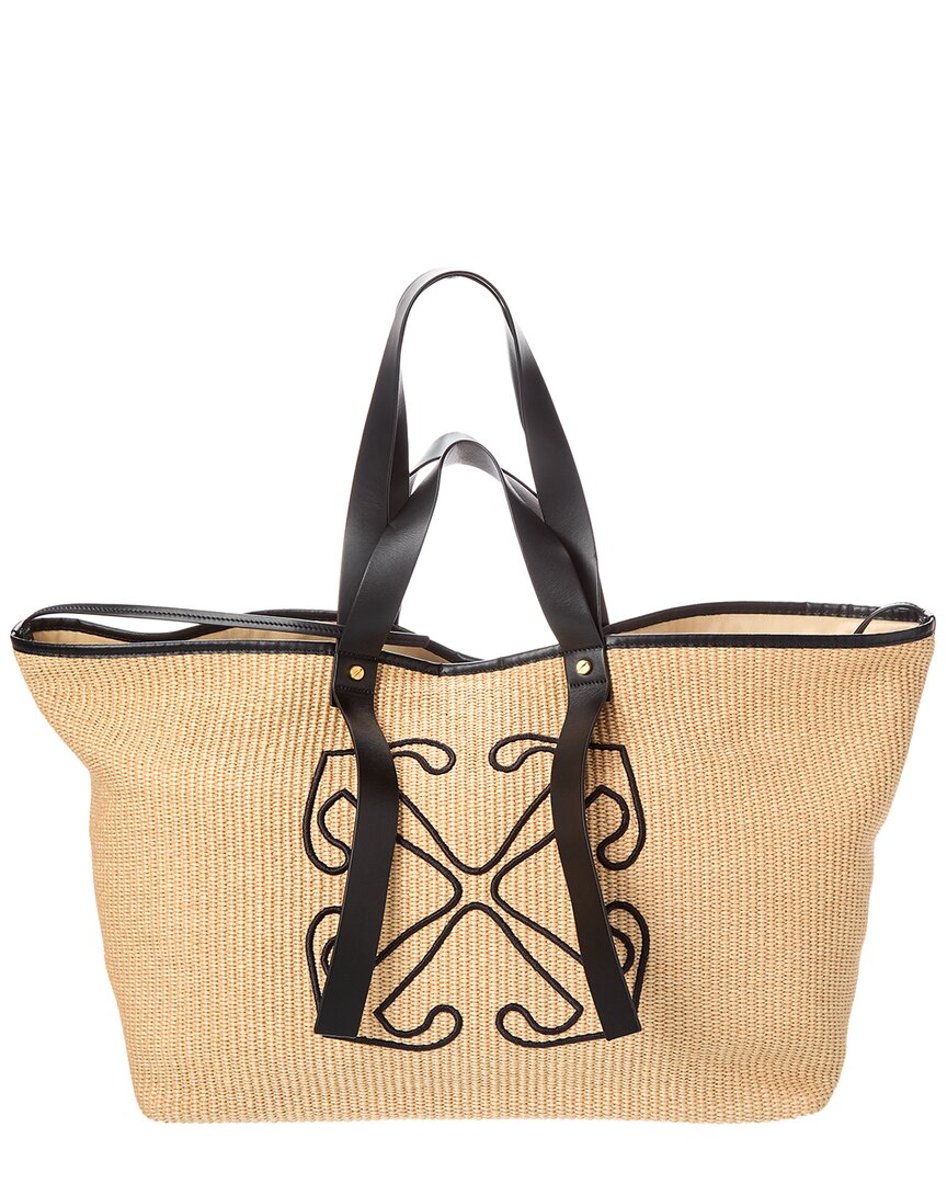 Off-white ™ Day Off Large Raffia & Leather Tote In Brown