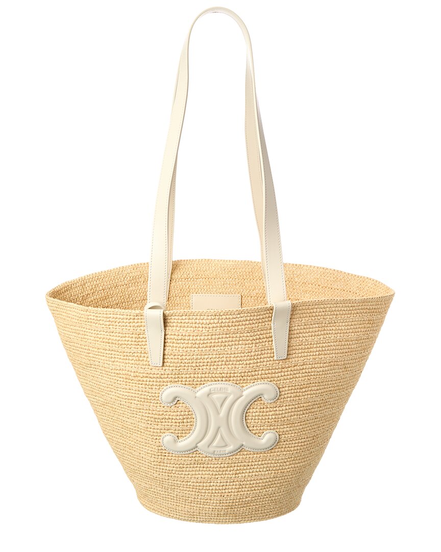 Celine Classic Panier Raffia & Leather Tote In Brown